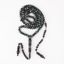 Load image into Gallery viewer, 100 Beads Black Coral studded with Silver &amp; Turquoise Rosary - RHCS002
