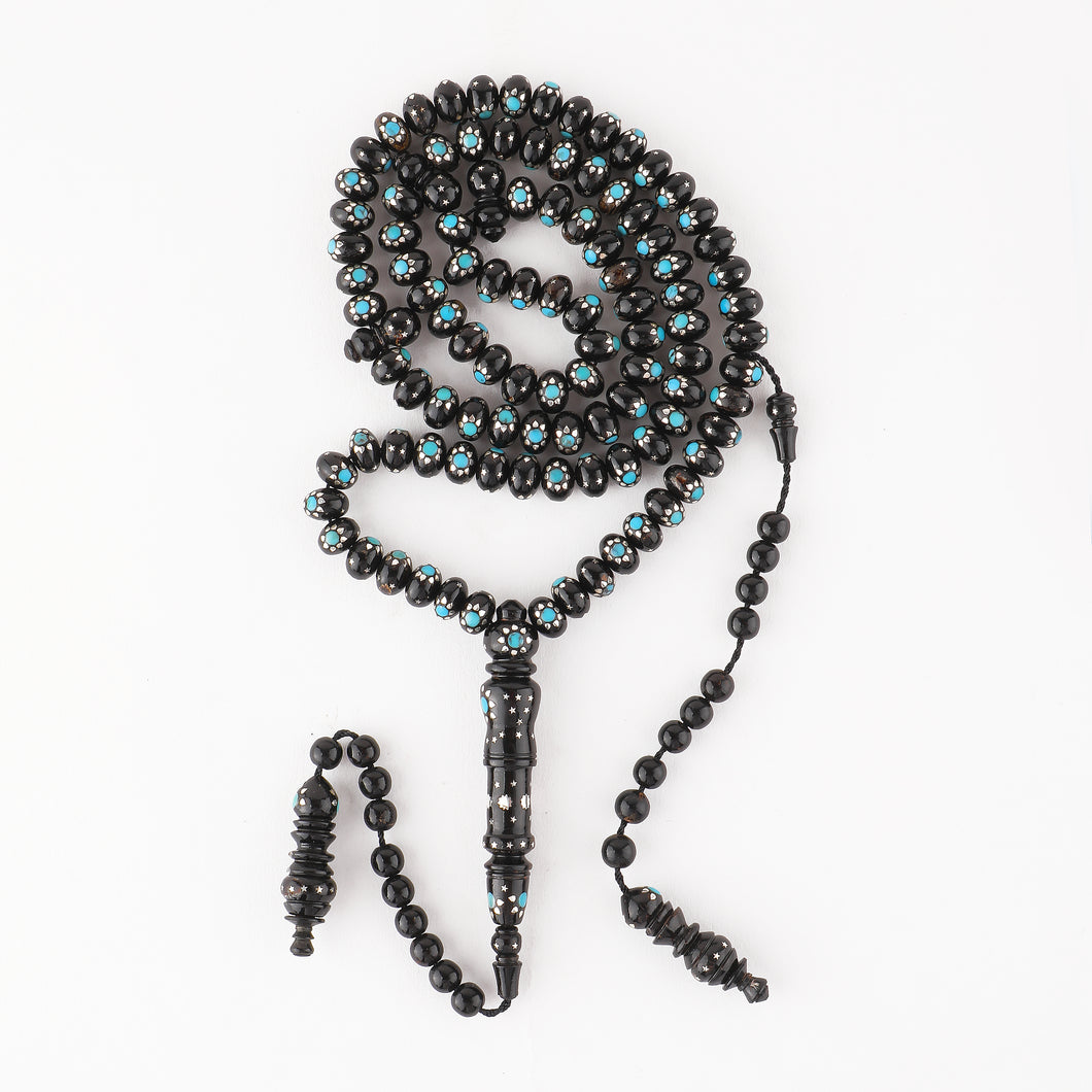 100 Beads Black Coral studded with Silver & Turquoise Rosary - RHCS002