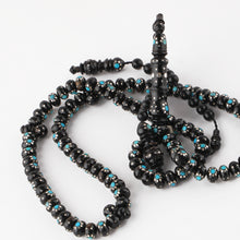 Load image into Gallery viewer, 100 Beads Black Coral studded with Silver &amp; Turquoise Rosary - RHCS002
