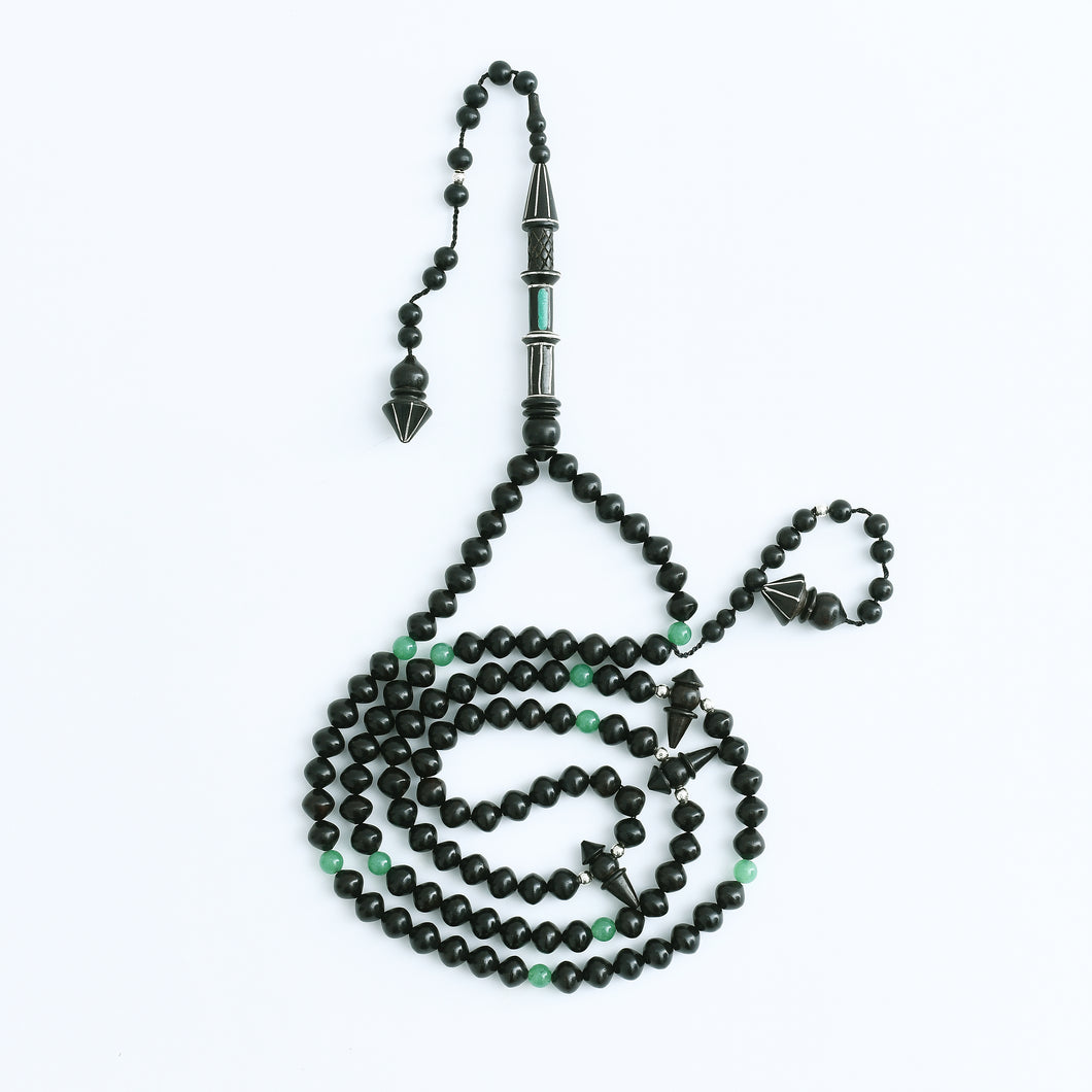 99 Beads of Black Ebony Wood , Green Jade Stone - RHWS002