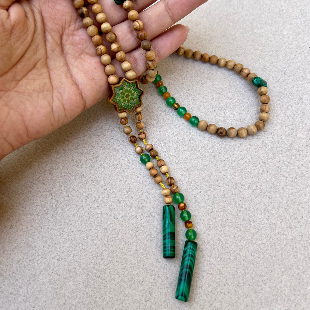 Olive rosary with green jade and yellow agate stones