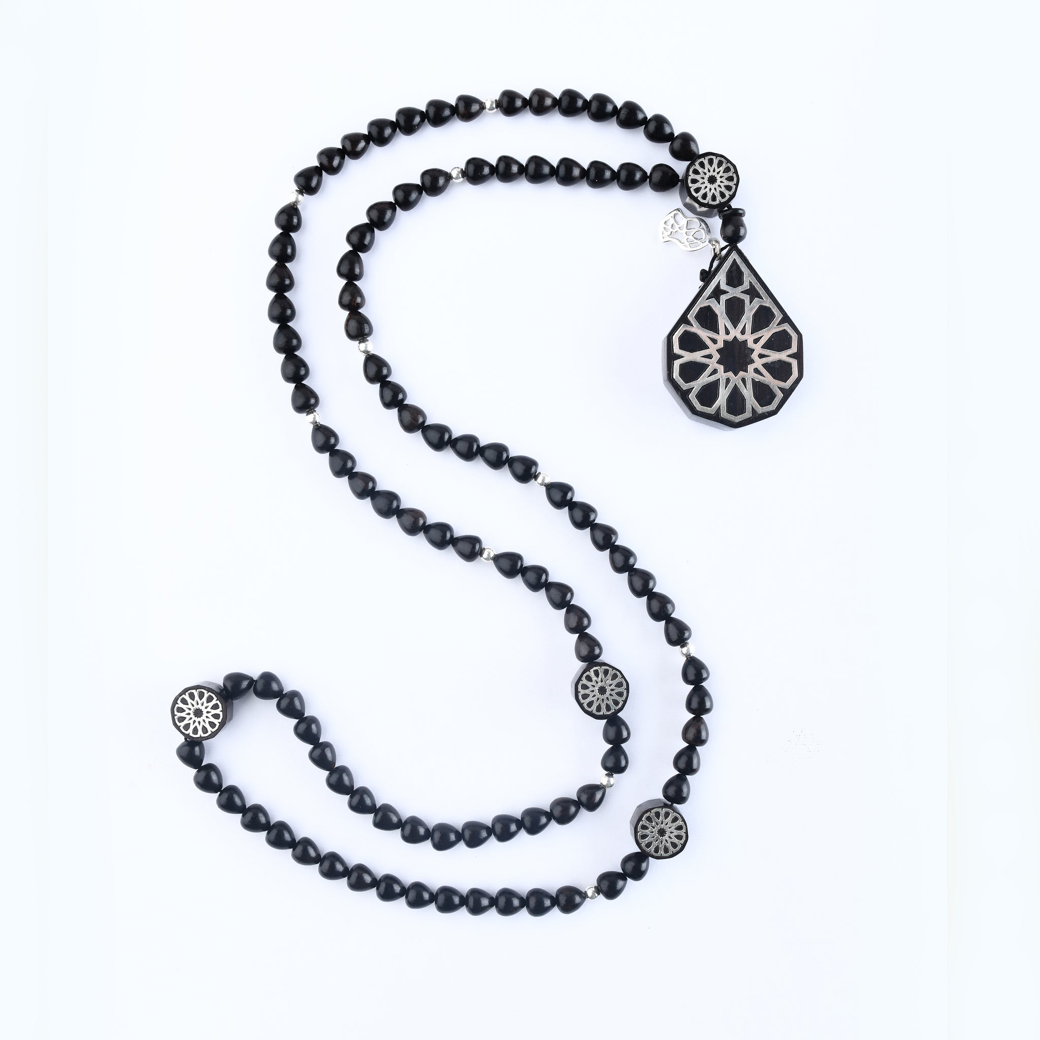 100 Black Ebony Wood with Malachite Stones and Sliver Rosary - RHWS014